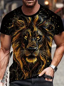 Men's Plus Size 3D Lion Print Knit T-Shirt Top, Bold Gold Animal Print Short Sleeve Round Neck Tee, Digital Heat Transfer Technology