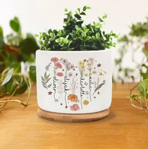 Personalized Birth Month Flower Plant Pot, Custom Flower Pot, Mother's Day Gift, Gift for Grandma, Outdoor Flower Pot, Gift for Mom 3.5" x2.6" Ceramic Plant Pot railscapesplants