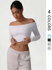 Women's Solid Off Shoulder Sports Tee, Fitted Design Activewear, Fitness Apparel, Sporty Long Sleeve T-shirt for Yoga Gym Workout, Ladies Sportswear for All Seasons