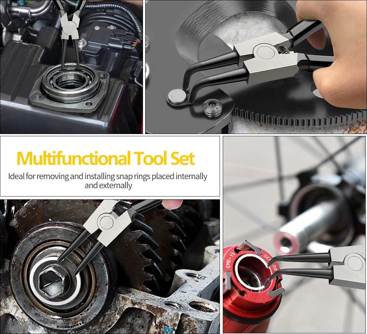 4-piece ring pliers set! Both inner and outer cards can be removed; the curved tip design makes it easy to reach dead angles—an essential tool for auto repair.