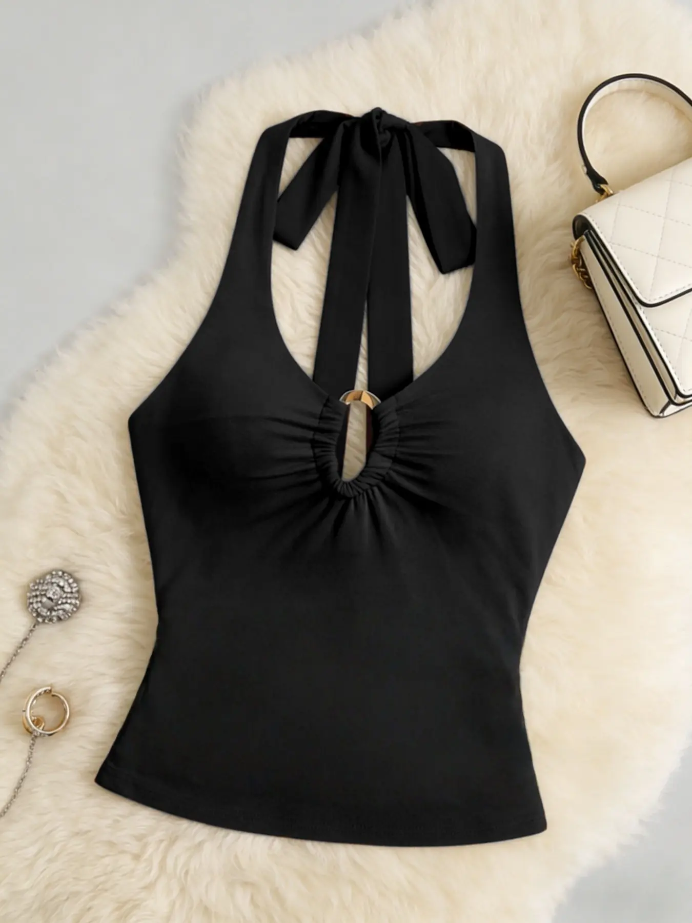 Women's Plain Casual Elegant Sleeveless Sexy Halter Backless Top, Metal Ring Cutout Waist Cinching Strap Slimming Sleeveless Shirt, Fashionable Chic Lightweight Summer Wear