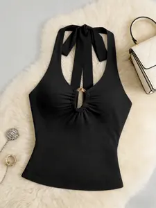 Women's Plain Casual Sexy Halter Backless Top, Metal Ring Cutout Waist Cinching Strap Slimming Sleeveless Shirt, Fashionable Chic Summer Wear