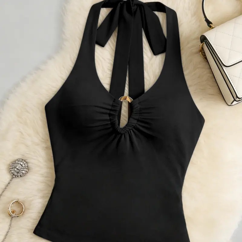 Women's Plain Casual Elegant Sleeveless Sexy Halter Backless Top, Metal Ring Cutout Waist Cinching Strap Slimming Sleeveless Shirt, Fashionable Chic Lightweight Summer Wear, Casual Backless Design