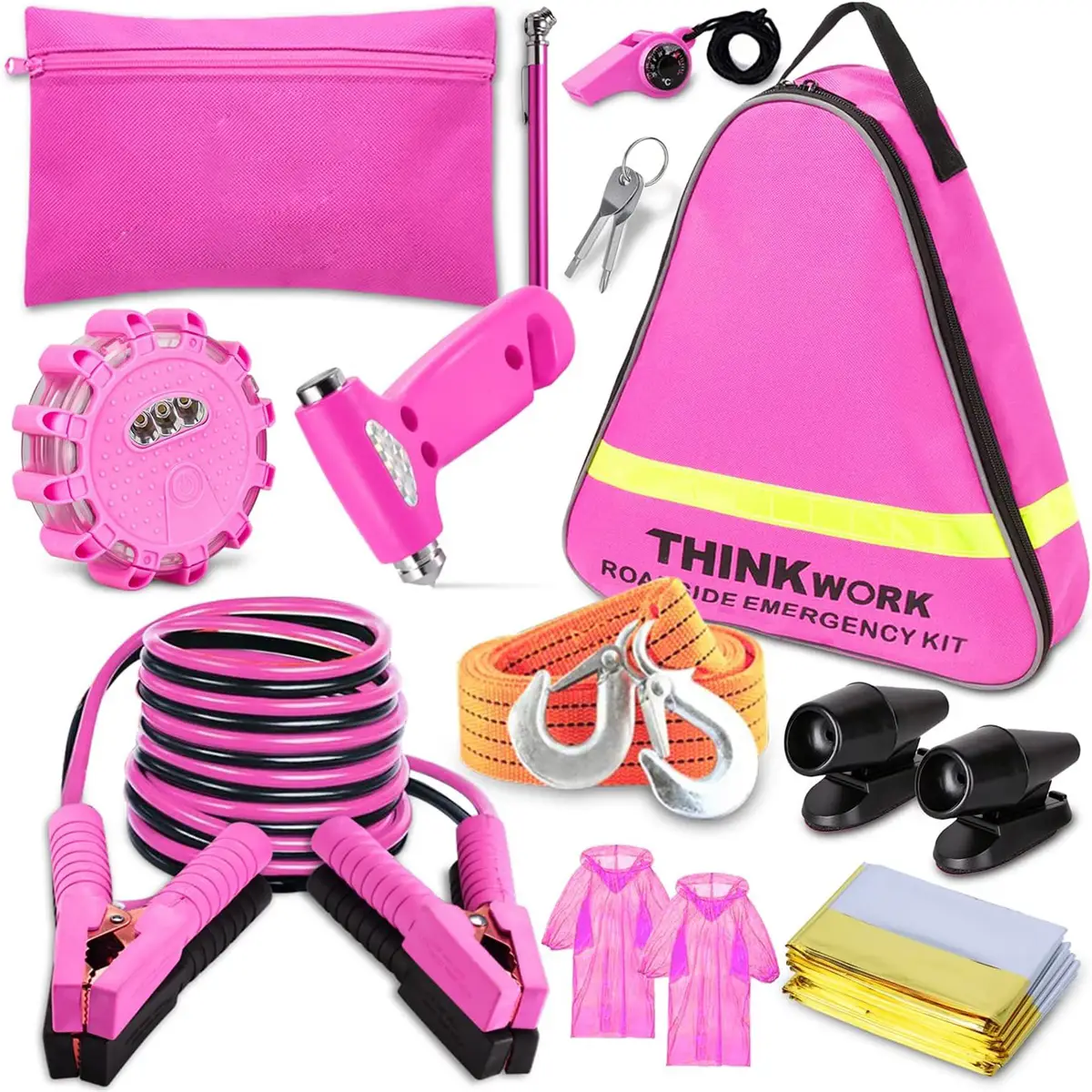 【Fall Deals For You】THINKWORK Car Emergency Kit, Pink Emergency Roadside Assistance Kit, Accessories Tool for Teen Girls and Lady's Gifts