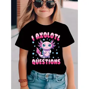 Girls' Summer Casual T-Shirt with Cute Axolotl Cartoon Print - "I AXOLOTL! QUESTIONS" Design, Light Purple, Short Sleeve, Round Neck, Stretchy Fabric, Perfect for Outdoor Play & Daily Wear, Everyday Youngsters'S Tshirt | Playful Graphic Tee |