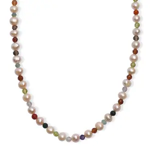 Multi Color Freshwater Pearl and Multi Gemstone 22 Ctw Rainbow Grace Necklace 18 Inches in Rhodium Over Sterling Silver Christmas Gifts