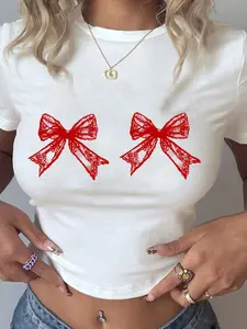 Cute Lace Bow Comfort Graphic, Print T-Shirt, Y2K Coquette Aesthetic Slim Fit Crop Top Baby Tee, Soft Breathable Casual Streetwear Short Sleeve Top for Daily Outfit, Summer Wear, Teen Girls Women Trendy Cute Bow Design Comfortable Lightweight