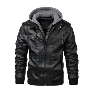 Men's Slim Fit Solid Zip Up Pocket Long Sleeve Hooded Pu Jacket, Trendy Casual Zipper Coat for Daily Outdoor Life, Zip Up Jacket, Men's Clothing, Longsleeves Menswear, Hooded Coats, Workwear Jackets, Motorcycle Streetwear, Solid Color Overcoat