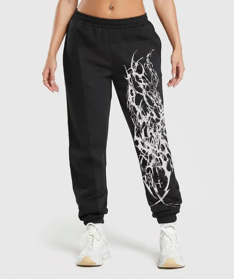 Tribal Flame Print Joggers, Grunge Streetwear Sweatpants, Heavyweight Baggy Fit Pants, Retro Alternative Y2K Unisex Bottoms