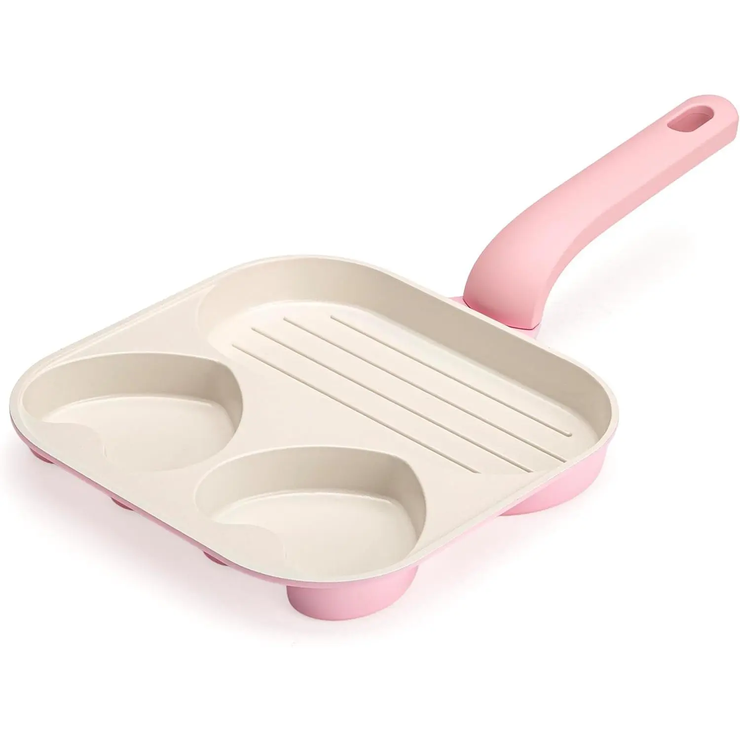 8 In Rectangular Ceramic Nonstick 3-Section Heart-Shaped Divided Pan - Cast Aluminum Alloy Cookware with Grill Plate, Pink, Dishwasher Safe, Heat Control, Gas Stovetop Compatible, Made Without PFAS PFOA PFOS PTFE, for Quick Meals, Egg Cooking, Brunch