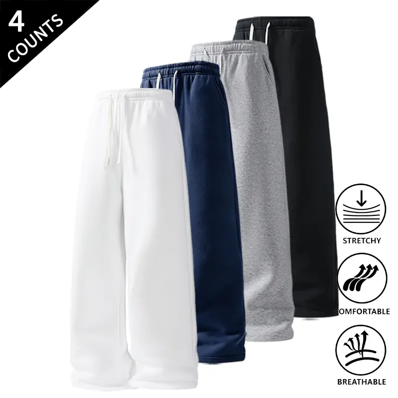 4-Pack Men’s Lightweight Casual Pants, Elastic Waist Drawstring Wide-Leg Trousers, Breathable & Stretchable for Hot Weather