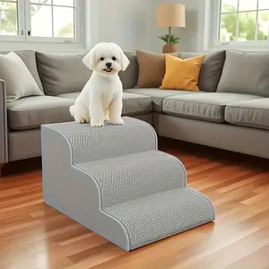 3 Layer Pet Stairs with Cushioned Steps and Washable Cover, Durable Foldable Cat Dog Staircase, Non-Slip Surface, Soft Landing Platform