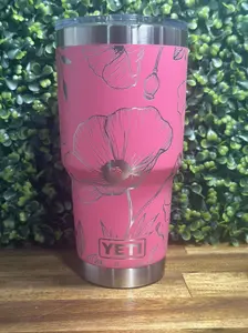 Bright Pink Laser Engraved Poppy Yeti Rambler