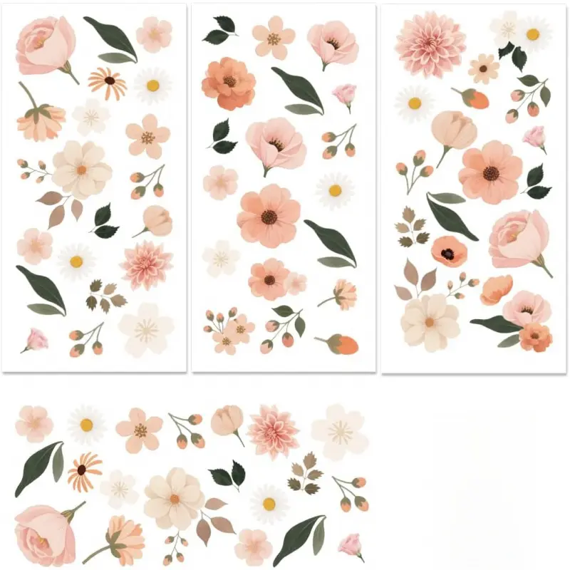 3 Sheet Bohemian Colored Flowers Furniture Decals, Cabinet Stickers for Dresser Drawer Kitchen Vanity Farmhouse, Removable Vinyl Stickers, Easy Peel and Stick, Small Pattern