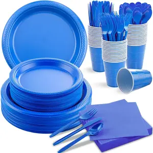 MirthMood 350 Pieces Blue Supplies, Disposable Dinnerware Set, Including Blue and, Cutlery and 12OZ Cups