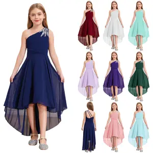 Kids Girls Chic Ruched Shiny Beaded Collarless One Shoulder Sleeveless Dress