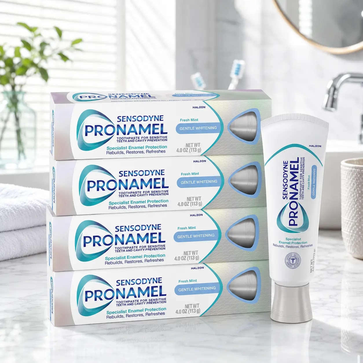 Gentle Enamel-Strengthening Teeth Whitening Toothpaste for Sensitive Teeth, Rehardens Enamel, Amazon Exclusive, Fresh Mint - 4 oz (Pack of 4)