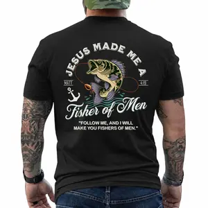 Christian Fishing Shirt – “Jesus Made Me a Fisher of Men” Bible Verse Tee (Matt 4-19), Short Sleeve Printed Graphic Shirt, Daily Casual Cotton Menswear