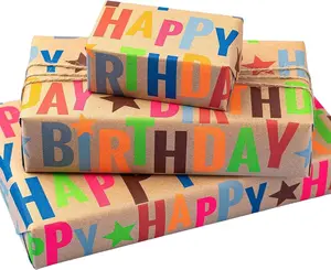 BIOBROWN Kraft Wrapping Paper Roll Colorful Text Happy Birthday Design Perfect for Birthday Holiday Wrap 17 inch X 33 feet