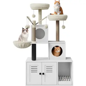 Cat Tree with Hidden Litter Box Enclosure, 55.1-Inch 2-in-1 Modern Hidden Cat Washroom Furniture with Condo, Hammock, Scratching Posts, and Multiple Soft Perches