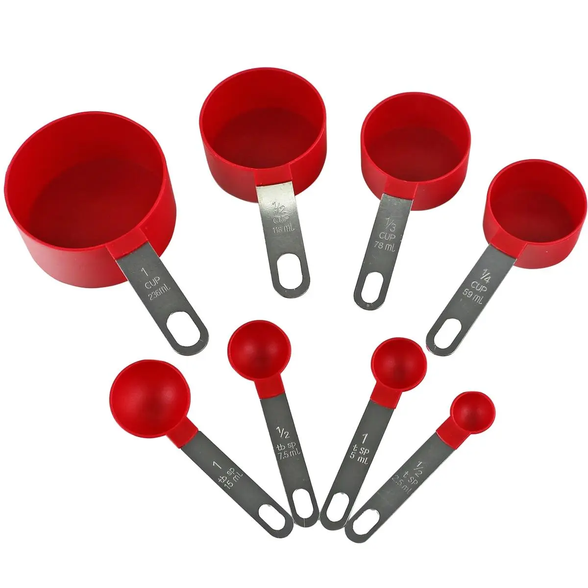 Reston Lloyd 8-Piece Accurate Measuring Cup & Spoon Set - BPA-Free Plastic & Stainless Steel Kitchen Utensils with Red Handles, Embossed Measurements, Flat Bottoms, Odor Resistance, Rounded Base for Baking, Cooking (Includes 1 Cup, 1 tbsp), Measuring Cup