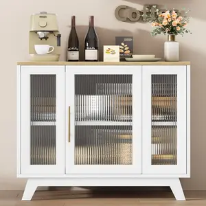 36 Inch Coffee Bar Buffet Cabinet with Fluted Glass Doors and Gold Handles, Modern Sideboard Storage with Adjustable Shelves, for Kitchen Dining Room Living Room Entryway
