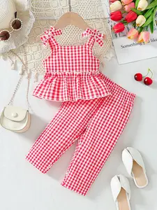 Baby girl sweet countryside style red and white checkered pattern suspender bow shoulder strap+ruffle hem skirt top paired with cropped pants for daily/picnic occasions, baby clothes for spring and summer seasons