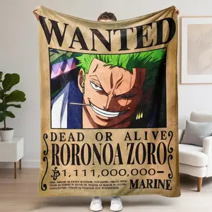 1pc Zoro Bounty Figure Print Flannel Throw Blanket, Retro Style with Wanted Text, Cozy, Soft Warming, Ideal for Bedroom, Home Use, Cozy Throw Blanket, Plush flannel throw blanket with lovely cartoon designs, gentle and comfortable.