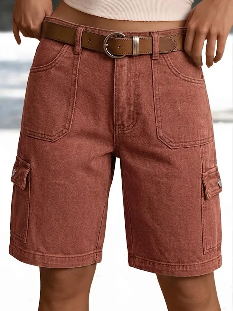 Women's Preppy High-Waisted Denim Cargo Shorts - Vintage Washed, Minimalist Straight-Leg, Multi-Pocket Button Detail, Retro Chic, Cute, Above the Knee for Party Wear, High-Capacity