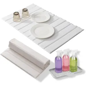 24"x18" Stone Dish Drying Mat with Sink Mat, Super Absorbent Diatomaceous Earth & Microfiber, Quick-Dry Foldable Kitchen Counter Drying Pad for Dishes, Bottles & Utensils - White
