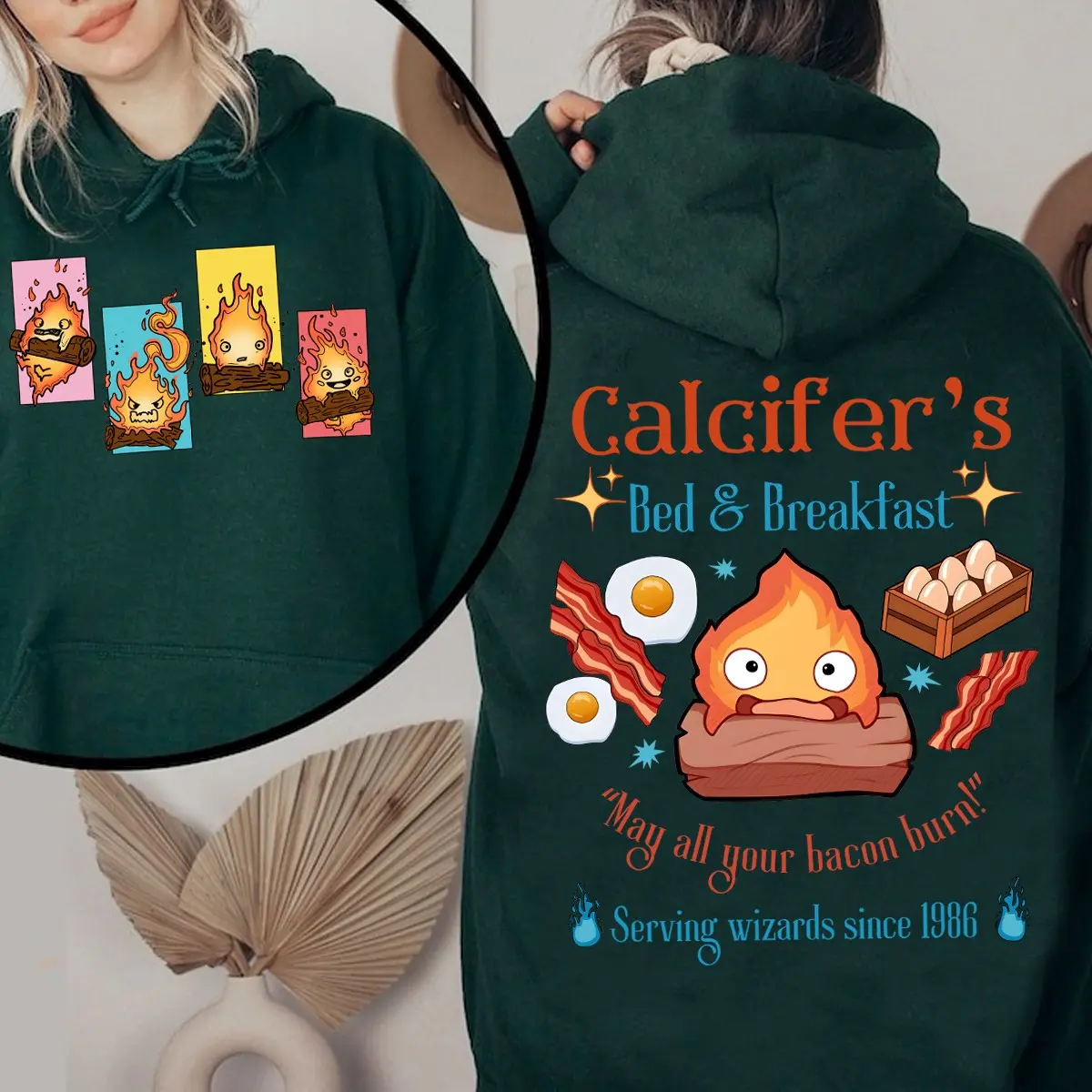 Calcifer May All Your Bacon Burn Hoodie Sweatshirt T-Shirt, Howls Moving Castle Sweater, Calcifer Sweatshirt, Ghibli Studio Sweatshirt, Howl and Sophie Shirt, May All Your Bacon Burn Shirt, Ghibli Calcifer Shirt, Hayao Miyazaki, Anime Lover Sweater