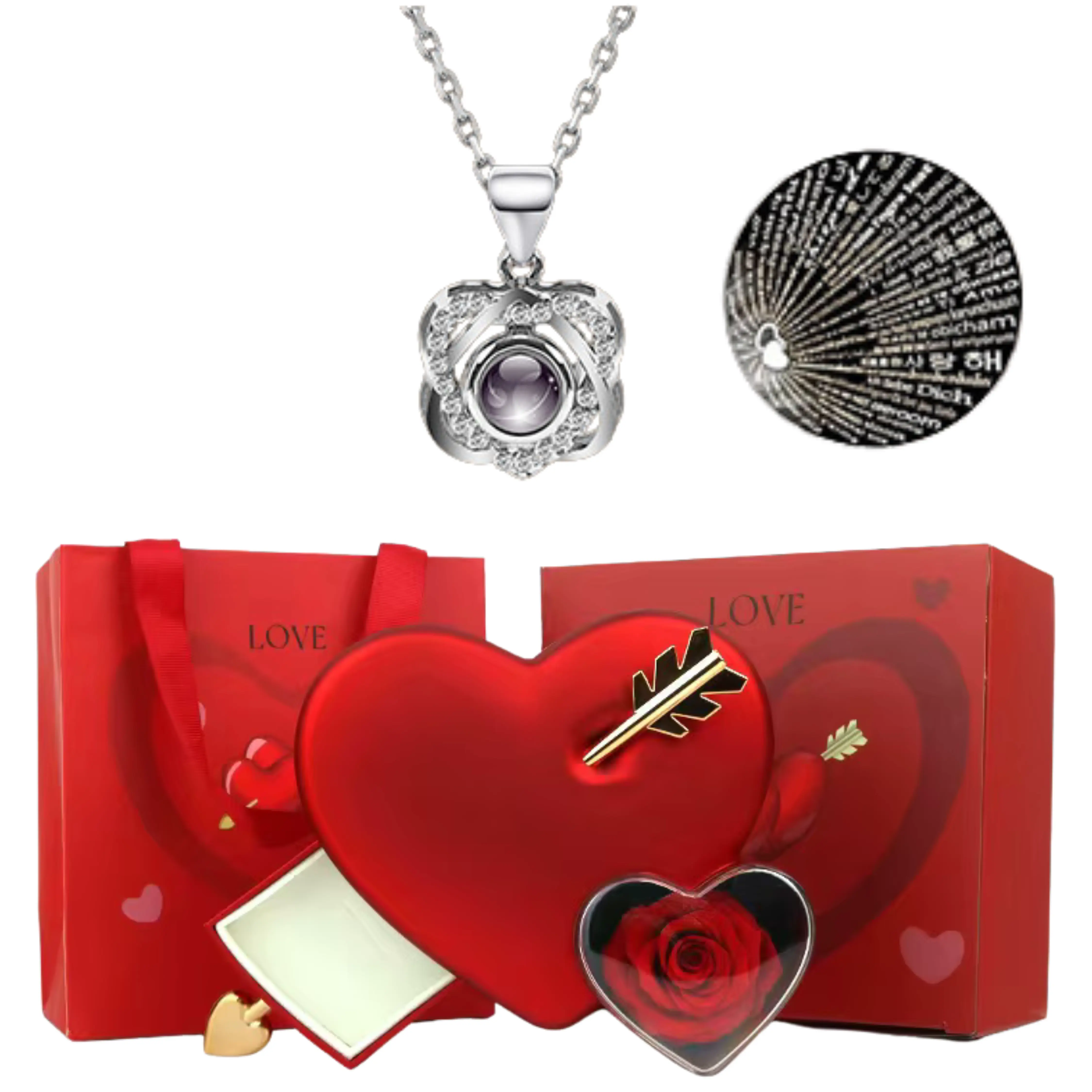 Eternal Red Rose with I Love You Necklace Preserved Real Rose in Heart Shaped Cupids Arrow Red Jewelry Box Perfect Gift for Valentines Day Anniversary Birthdays for Wife Girlfriend Special One gifts women