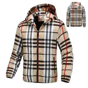 Men’s lightweight hooded zip-up windbreaker jacket with adjustable drawstring and color-block stripes for an autumn fashionable casual menswear coat/top; customizable personalized jacket with a stylish khaki plaid design