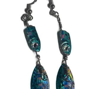 Blue Fishing Lure Earrings with Sparkling Design and Chain Attachment