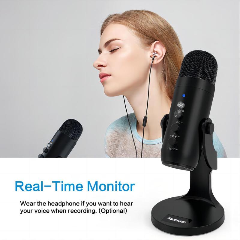 HAOMUREN USB Powered Microphone with Type-C Adapter & USB Cable, Condenser Microphone with Noise Cancelling & Echo Function, Microphone for Live Streaming, Noise Reduction Mic