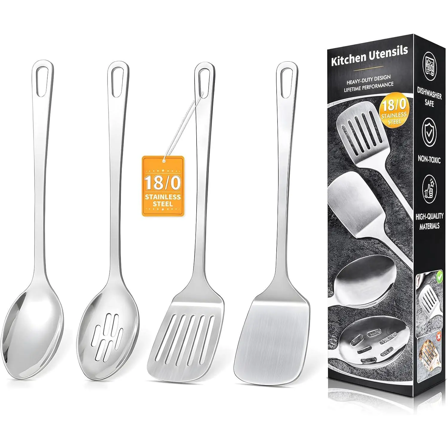 4 count Cooking Utensils Set, Stainless Steel Kitchen Utensils, Heat Resistant Metal Kitchen Tools Include Solid & Slotted Turner Wok Spatula, Serving Spoon,  Handle, Easy to Clean,