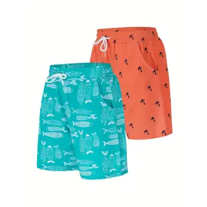 JIIHOO Boys 2-Piece Swim Trunks, Coconut Tree and Fish Print - Elastic Waistband, Comfortable Beach Shorts, Suitable for Children - Perfect for Vacation and Summer Fun, Suitable for Outdoor Activities