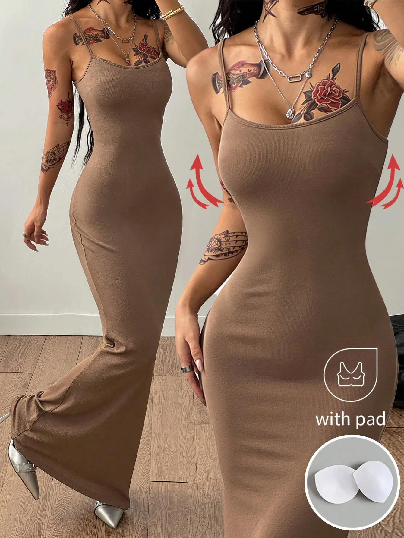 Women’s khaki camisole dress with built-in bra pads, rib knit slim fit, bodycon hip hugger, slimming mermaid long base skirt