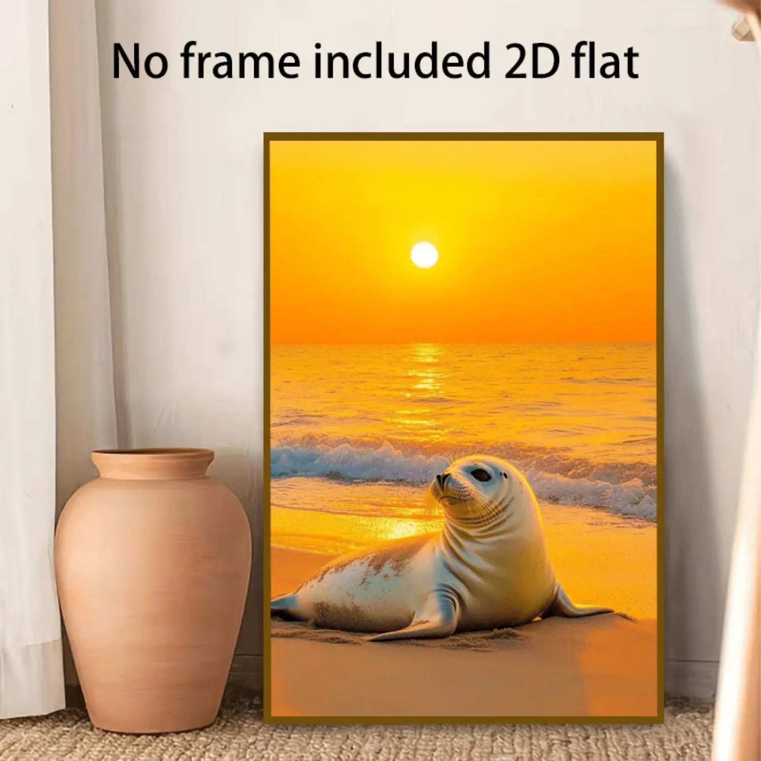 2D Flat, 2D Flat, A 2D Flat Canvas Painting Featuring a Seal Resting on a Beach at Sunset, with Gentle Waves Lapping at The Shore. 