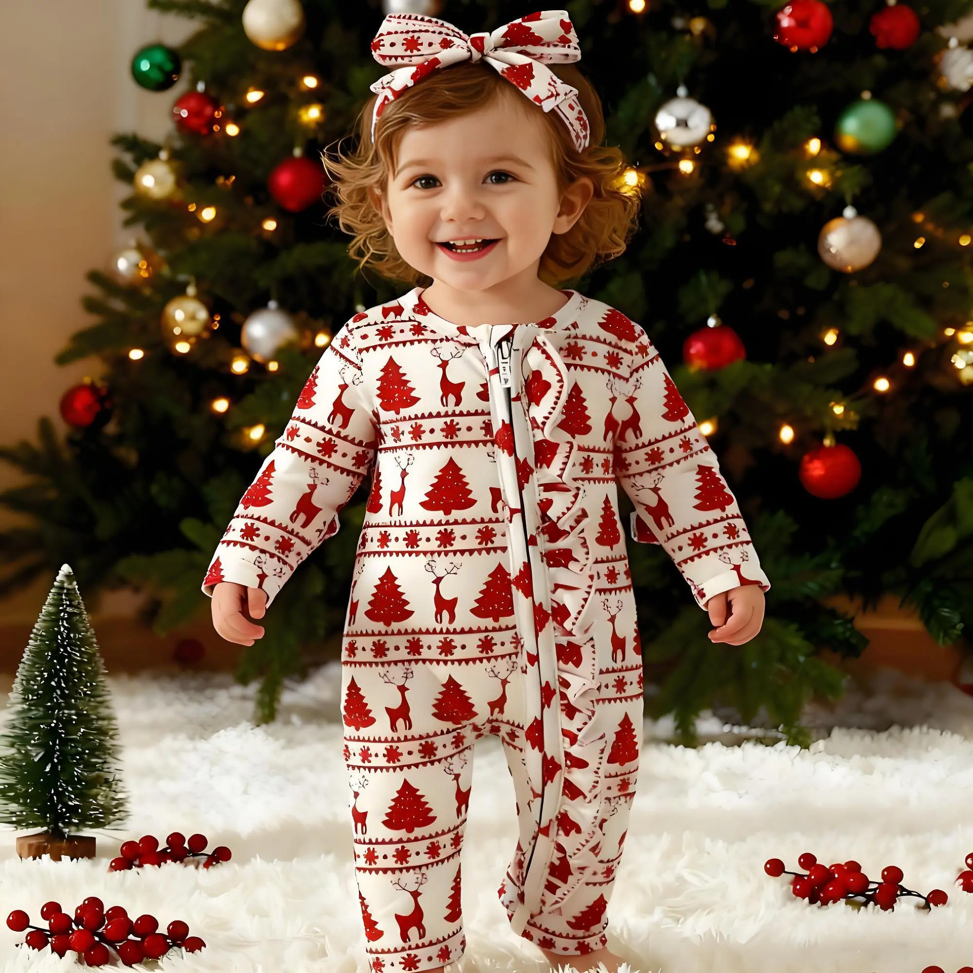 Girl Christmas Reindeer & Pine Tree Print Long Sleeve Zip Romper Cute Holiday One-Piece Outfit with Crew Neck Soft Stretchy Fabric for Baby Sizes 3-18M