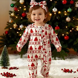 Girl Christmas Reindeer & Pine Tree Print Long Sleeve Zip Romper Cute Holiday One-Piece Outfit with Crew Neck Soft Stretchy Fabric for Baby Sizes 3-18M