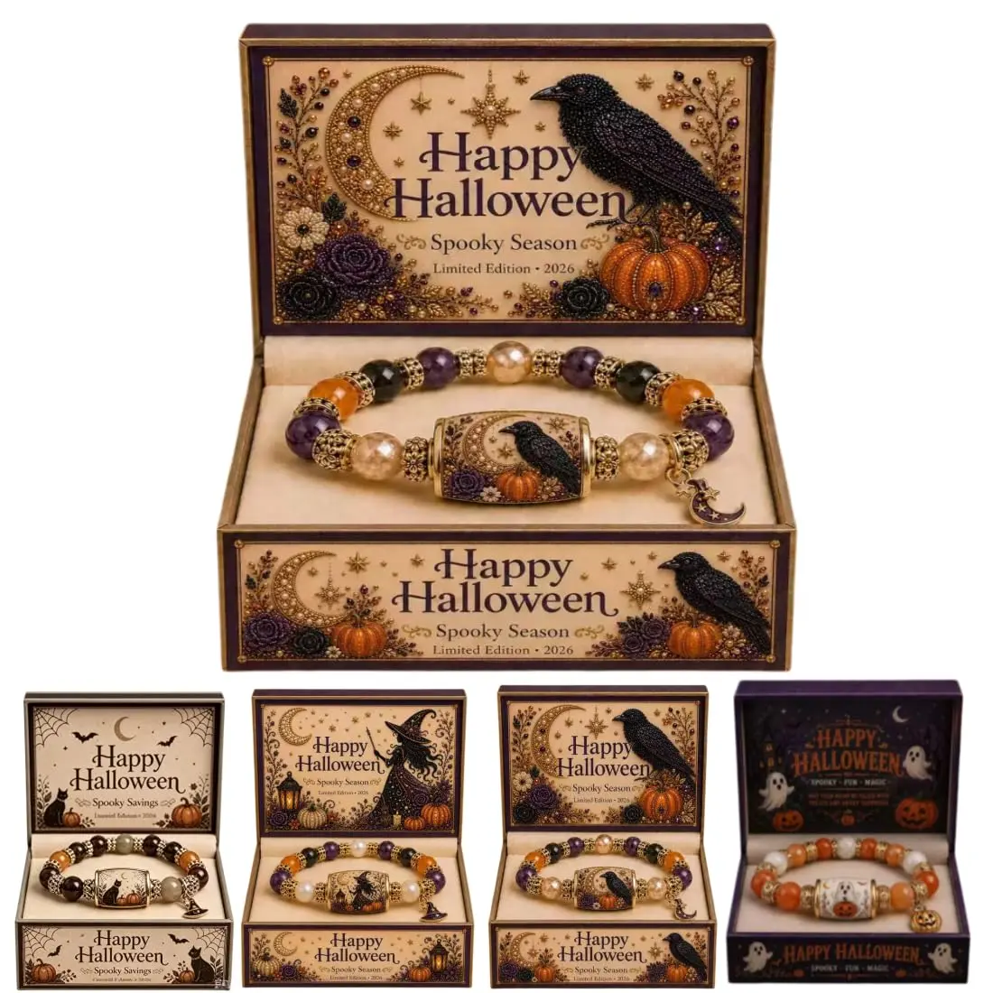 2026 Limited Edition Halloween Black Cat Pumpkin Stretch Beaded Bracelet Gift Set, Ghost Pumpkin Cat Stretch Beaded Bracelet with witch Hat Charm, Halloween Accessory for& Party Costume Jewelry