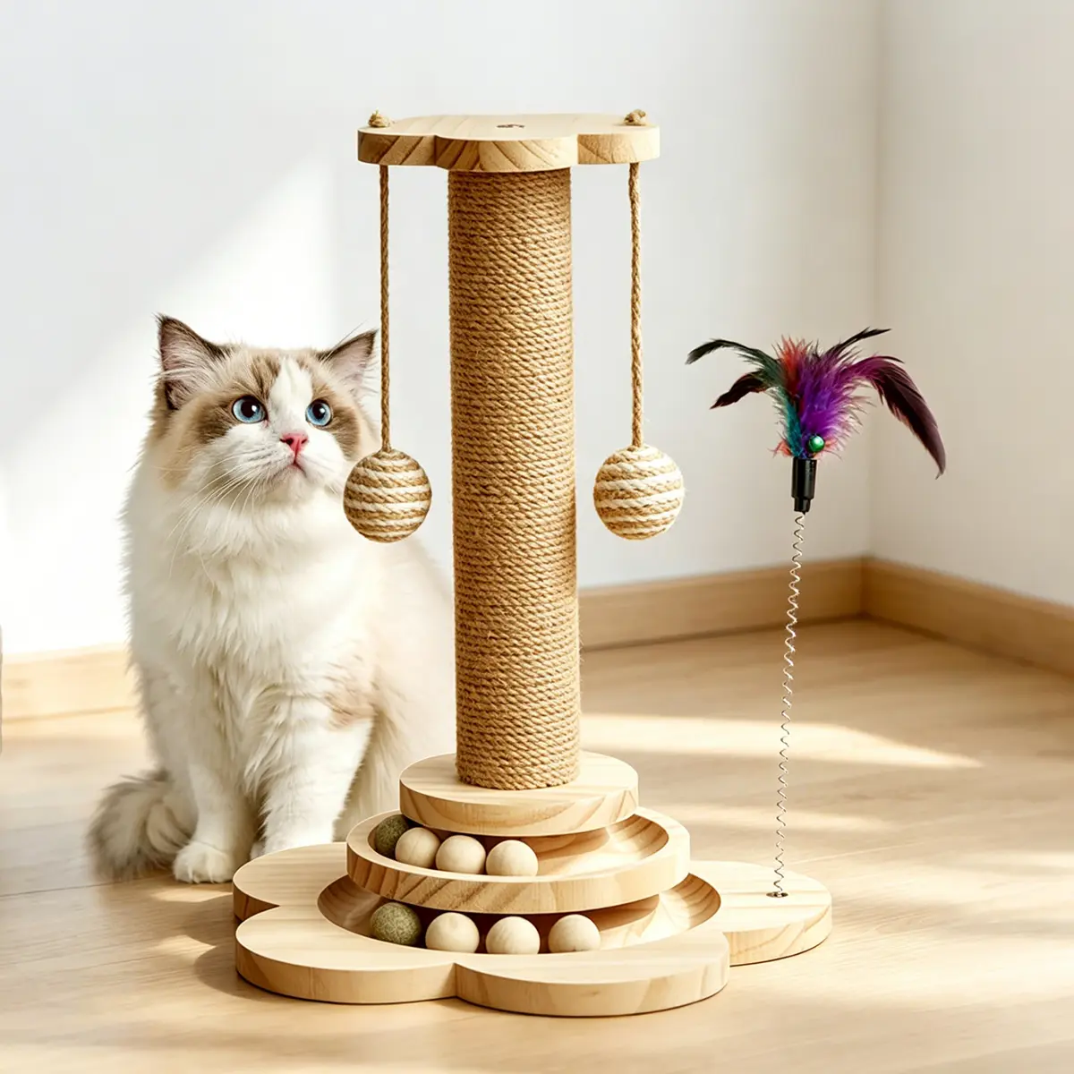 Indoor Sisal Cat Scratching Post Tower with Ball, Fluffy Track Ball, and Kitty Scratching Solution for Indoor Cats