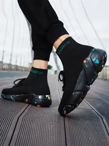 TOLLN Men's Knitted Lightweight Anti-Slip Elastic Sock Shoes With Round Toe & Printed Wazixie Letter Athletic Shoes,  Casual Running Black good shock absorption