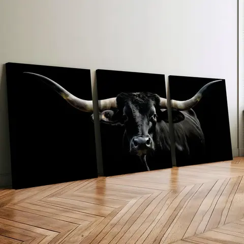 Wooden Frame Canvas Poster Print Set, Bull Long Horned Dominant Image Theme, Animal Pattern Decor, Modern Art Home Wall Art, Wall Art Decoration