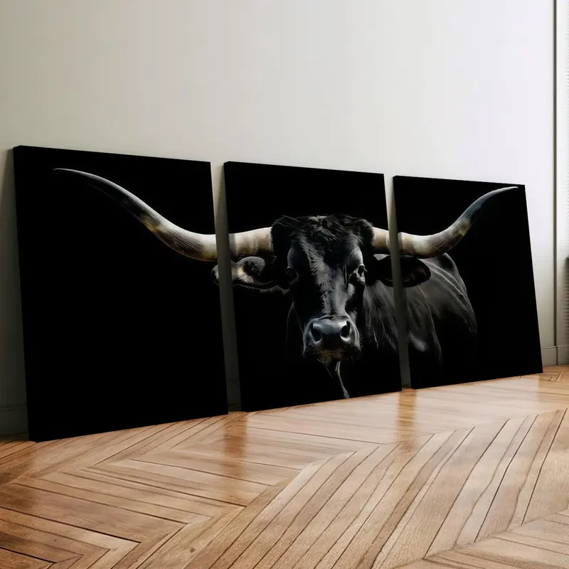 Wooden Frame Canvas Poster Print Set, Bull Long Horned Dominant Image Theme, Animal Pattern Decor, Modern Art Home Wall Art, Wall Art Decoration