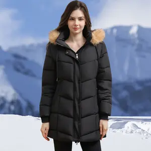 Women's Windproof Imitation Down Jacket, Warm Quilted Jacket With Velvet Lining, Hooded Imitation Fur Windproof Coat, Multiple Pockets, Two-Way Zipper, Mid-Length Winter Top for Outdoor, Daily, Holiday Gift