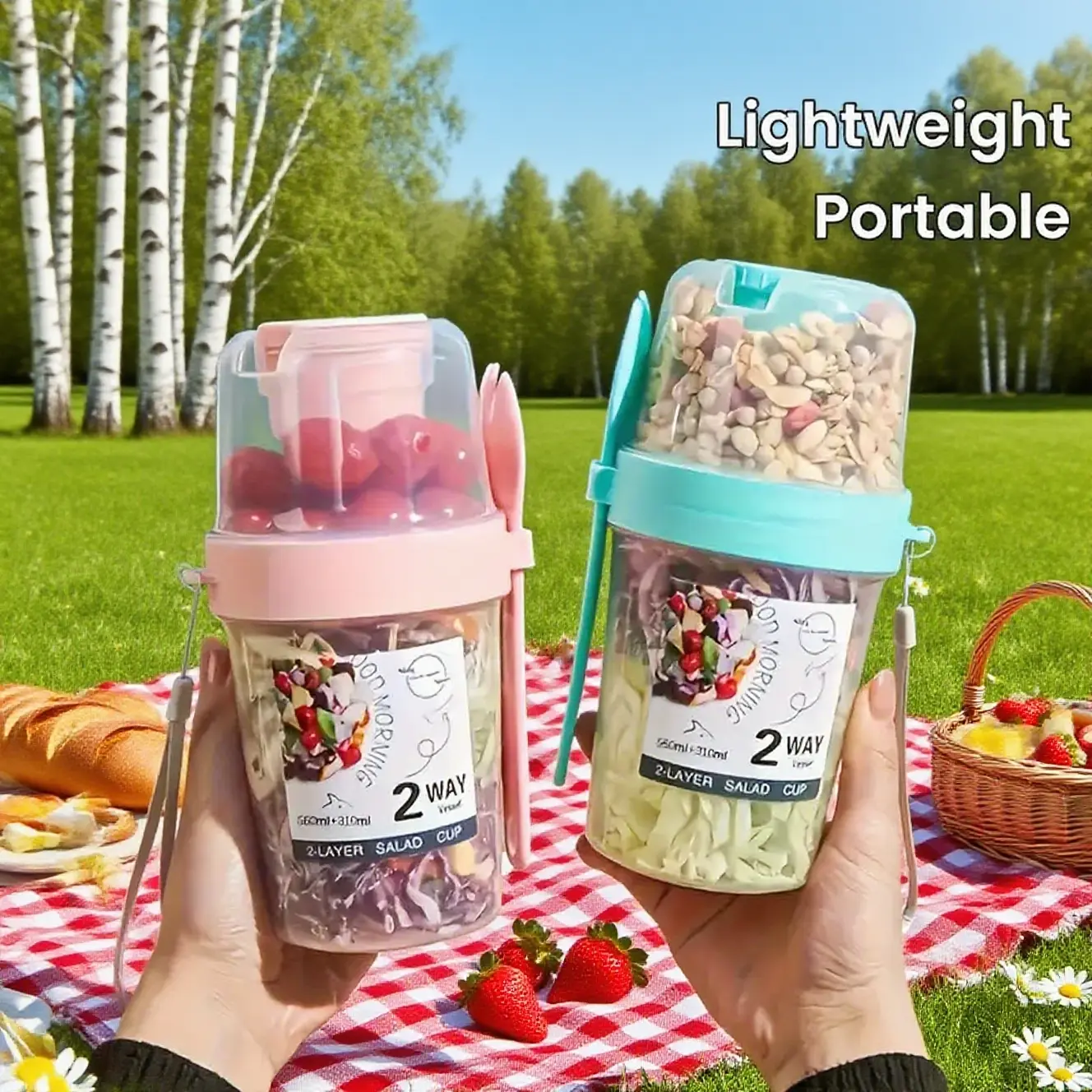 Portable Salad Cup Set with Fork & Lid, Reusable Food Storage Box for Snacks, Durable Design for School Office Use, Lightweight & Healthy Eating, Snack Box Container