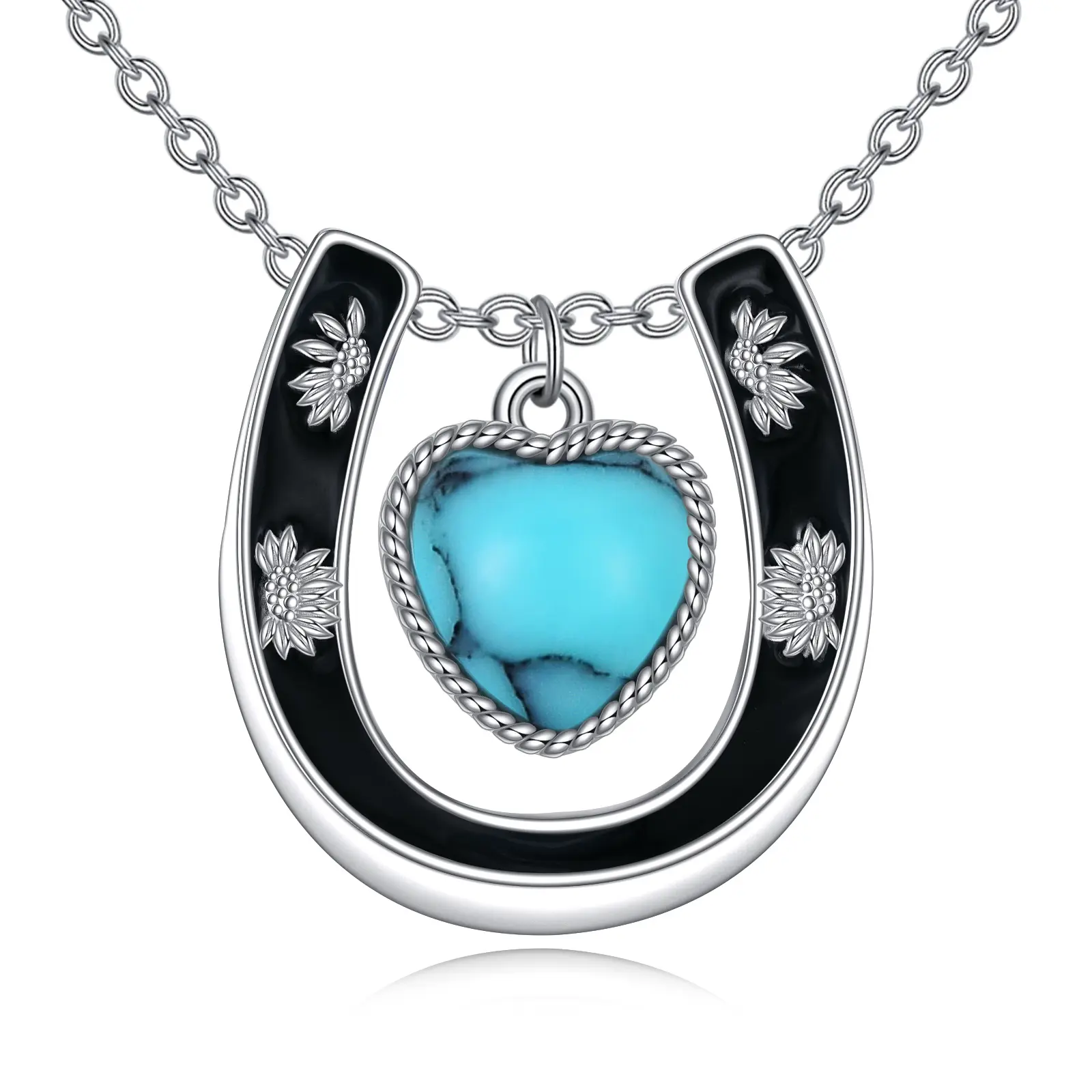 925 Sterling Silver Horseshoe Necklace with Turquoise Heart Pendant, Elegant Western Jewelry for Female Adults, Birthday Gift with Protection Meaning, Women