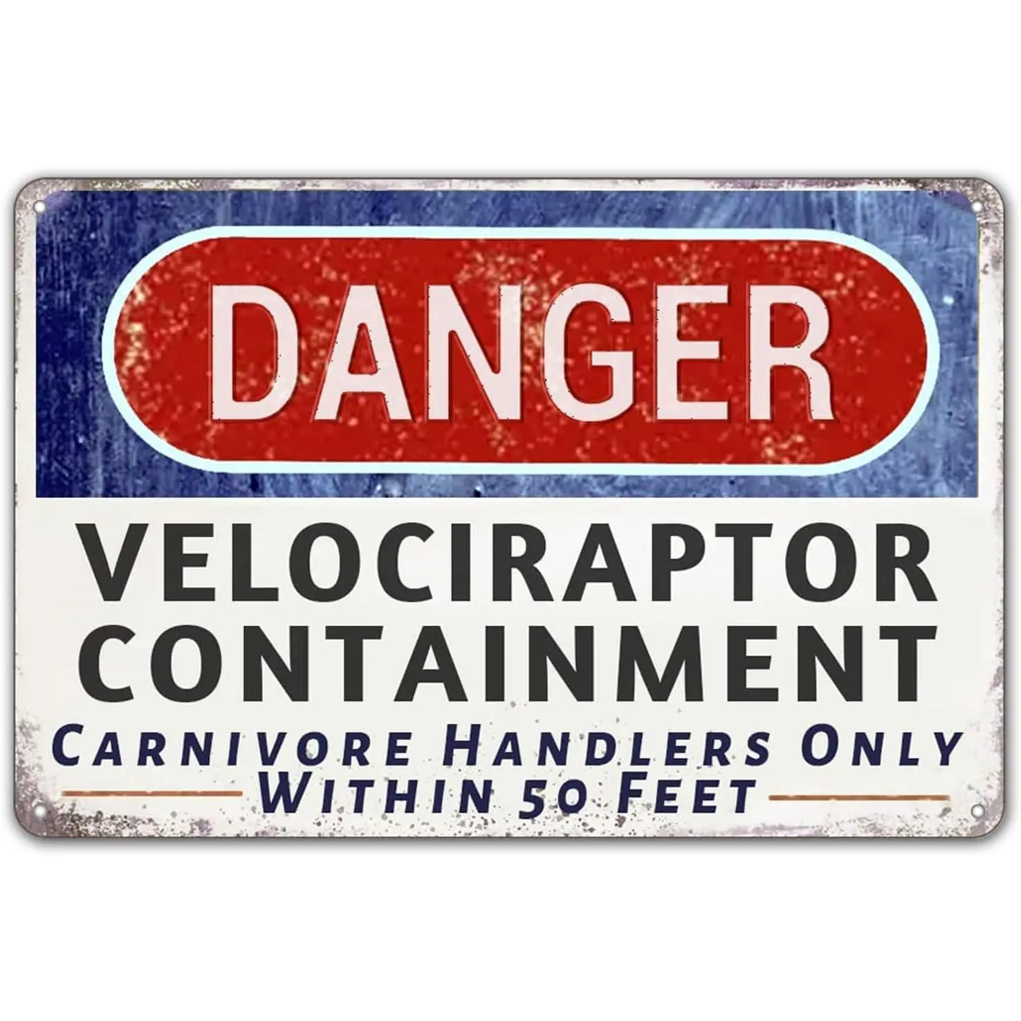 Vintage Danger Velociraptor Containment Warning Decorative Metal Tin Wall Art Plaque, Dinosaur Park Movie Memorabilia, 12"x8" Home Supplies, Hemmed Edges Safer for Handling, Indoor/Outdoor Cool Decorative Sign